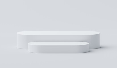 Modern white long space podium isolated on 3d background with minimal product display pedestal geometric platform or blank presentation advertising stage concept and simple show stand luxury mockup.