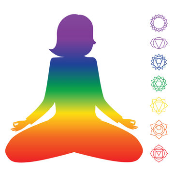 Woman in lotus position with chackra symbols next to her