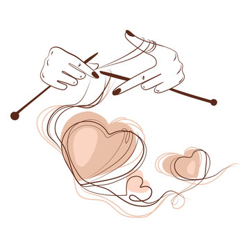 Female hands knitting hearts Line art drawing.Contemporary design vector illustration.Valentine's Day,romantic concept.Tools for knitting.Knitting hobby.Linear logo,print,emblem,tattoo,creative idea