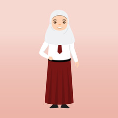  Elementary School Hijab Girl Student Wearing Red and White Uniform. Cartoon Vector Illustration. Portrait of an elementary school student. School students children with backpacks, books, macbook. 