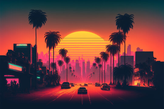 80s retro future, Retro futuristic background 1980s style, Road to the city at sunset 1980s style, Digital retro cityscape sci-fi summer landscape, Generative AI.