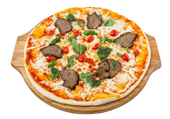 Pizza with roast beef meat and vegetables served on a wooden board. Appetizing traditional Italian dish. Top view. Close-up. Isolated on white background.
