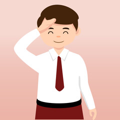  Elementary School girl and Boy Student Wearing Red and White Uniform. Cartoon Vector Illustration. Portrait of an elementary school student. School students children with backpacks, books, macbook. 