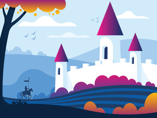 Medieval castle standing on a hill on a mountain background. Wandering Knight on Horse. Vector graphics