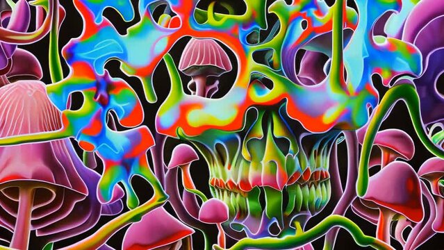Seamless generative ai motion colorful animation of graffiti painting of mexican skulls. Digital image painted illustration of Halloween videoloop cubist style with markers.