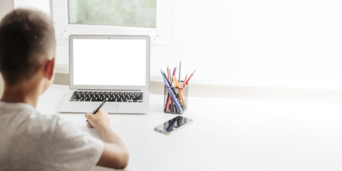 school at home through online homeschooling. the child is sitting at the computer