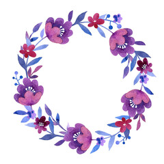 Watercolor painted flower purple floral wreath. Aquarelle art. Round border. Floral frame. Hand drawn illustration isolated.