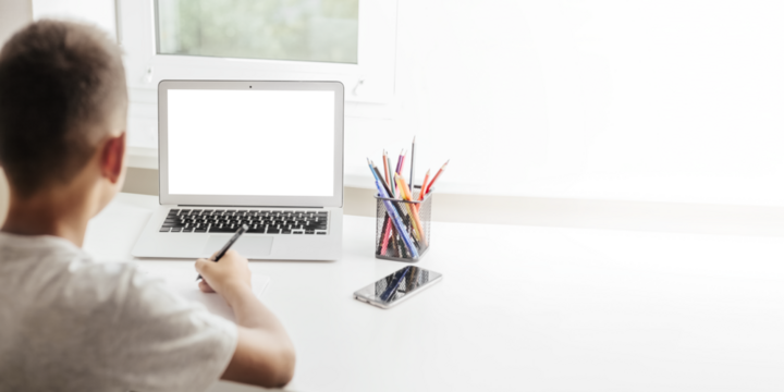 school at home through online homeschooling. the child is sitting at the computer - Powered by Adobe