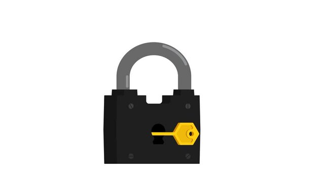 Animated padlock barn lock opens and closes with golden key. Safe storage of valuables and money. Cartoon looped video isolated on white background