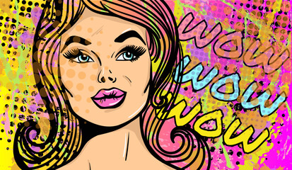 Vector illustration in pop art style with the abstract lady in old fashion comics style with the phrase "Wow".