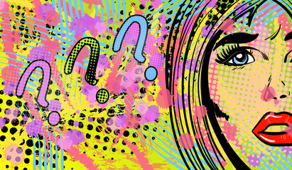 Vector illustration in pop art style with the abstract lady in old fashion comics style with the phrase "???".