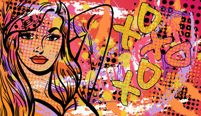 Vector illustration in pop art style with the abstract lady in old fashion comics style with the phrase "XO XO XO".