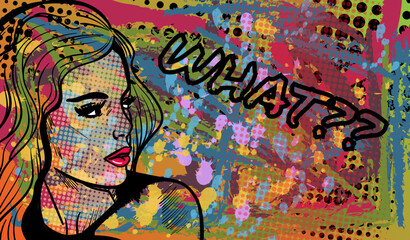 Vector illustration in pop art style with the abstract lady in old fashion comics style with the phrase "What".