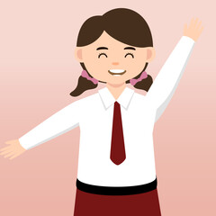  Elementary School girl and Boy Student Wearing Red and White Uniform. Cartoon Vector Illustration. Portrait of an elementary school student. School students children with backpacks, books, macbook. 