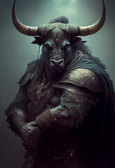 Fototapeta premium Monster bull as a warrior with armor, fantasy character dark tone background, Generative Ai