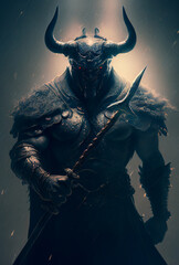 Monster bull as a warrior armor with weapon, fantasy character dark tone background, Generative Ai