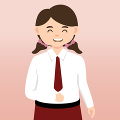  Elementary School girl and Boy Student Wearing Red and White Uniform. Cartoon Vector Illustration. Portrait of an elementary school student. School students children with backpacks, books, macbook. 
