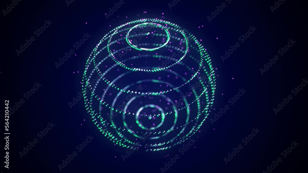 Poster futuristic sphere made of particles. flow of atoms in cyberspace. space energy spread concept. 3d re