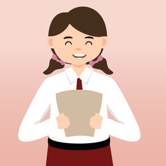  Elementary School girl and Boy Student Wearing Red and White Uniform. Cartoon Vector Illustration. Portrait of an elementary school student. School students children with backpacks, books, macbook. 