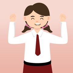  Elementary School girl and Boy Student Wearing Red and White Uniform. Cartoon Vector Illustration. Portrait of an elementary school student. School students children with backpacks, books, macbook. 