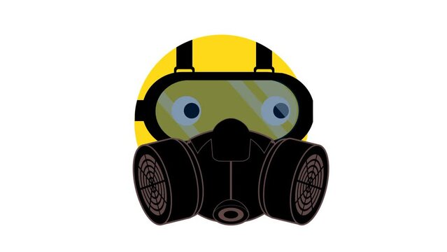 Animated round emoji in gas mask and glasses for protection. Cautiously looks around and gets angry. Cartoon looped video isolated on white background