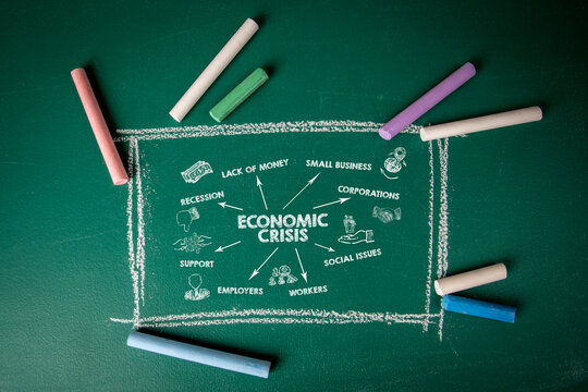 Economic Crisis. Chart with icons and keywords on a green chalkboard - Powered by Adobe