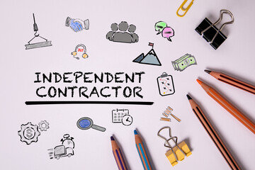 INDEPENDENT CONTRACTOR. Text with icons and colored pencils on a white background