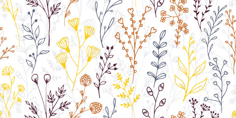 Field flower branches organic vector seamless pattern. Ditsy floral fabric print. Grass plants leaves and bloom illustration. Field flower sprigs sketch seamless design