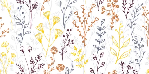 Foto auf Acrylglas Field flower branches organic vector seamless pattern. Ditsy floral fabric print. Grass plants leaves and bloom illustration. Field flower sprigs sketch seamless design © SunwArt