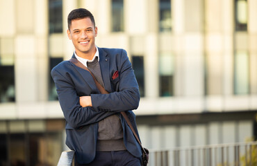 Urban portrait, confidence and happy businessman, real estate agent or property developer with...
