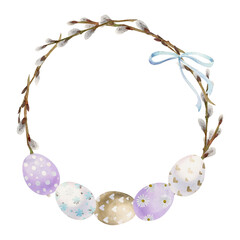 Watercolor hand drawn Easter celebration clipart. Pastel circle wreath with eggs, bunnies, bows and branches. Isolated on white background Design for invitations, gifts, greeting cards, print, textile