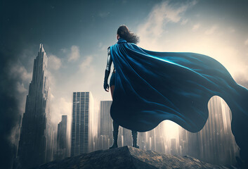 Super hero woman looking out over a city skyline. Generative ai - obrazy, fototapety, plakaty