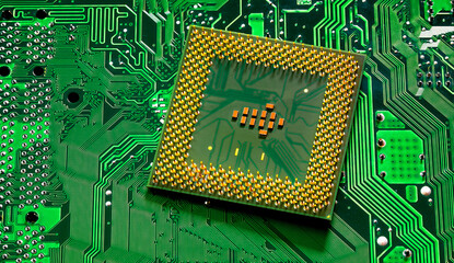 Close up of microchips and pins on Main CPU PC processor circuit