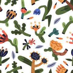 Seamless creative floral pattern. Endless background, whimsical primitive flowers, repeating print. Fancy naive blooms, texture design for fabric, textile. Colored flat graphic vector illustration