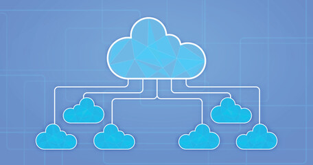 Fototapeta premium Cloud computing concept with connected cloud computing on blue background. Vector illustration. Cloud 3D. Cloud 2D.