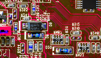 Close up of components and microchips on PC circuit board.