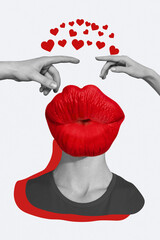 Vertical photo collage of headless person absurd red lipstick kiss pouted lips fingers touch...