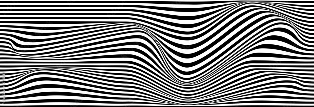 Poster optical illusion curve wave. abstract vector background with black and white lines. pattern distorte