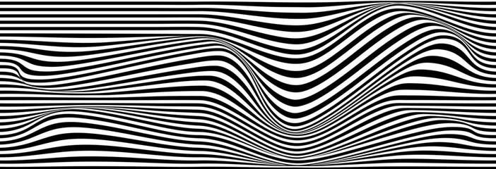 Optical illusion curve wave. Abstract vector background with black and white lines. Pattern distorted textures.