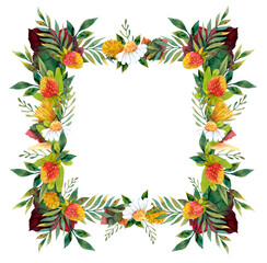 Watercolor frame with wildflowers and herbs for invitations, and holidays. Composition with arranging the elements in big and small shapes, by hand-made watercolor painting.