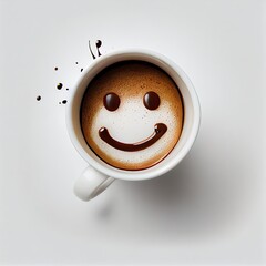 A coffee mug or cup with a smiling face in the foam (generative AI)