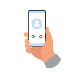 Hand holding smartphone with call. Receiving phone call, vector illustration isolated on white background.
