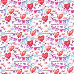 Valentines Day watercolor seamless pattern. Hearts, candies, lollipops, garlands, balloons.