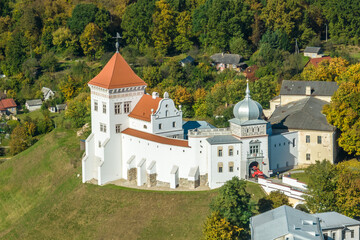 aerial panoramic view promenade overlooking the old city and historic buildings of medieval castle near wide river