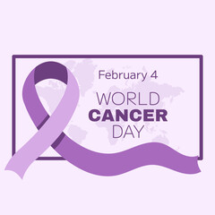World Cancer Awareness Day February 4th. Lilac or purple ribbon symbol of cancer with world map on back. Stop cancer campaign Health care square template for social media or website.