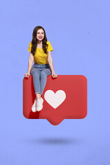 Vertical collage image of cheerful little girl sitting huge like notification instagram tiktok...