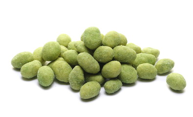 Wasabi coated peanuts isolated on white 