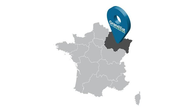 Location Grand Est on map France. 3d Normandy  flag map marker location pin. Map of France showing different parts. Animated map regions of France. 4K.  Video