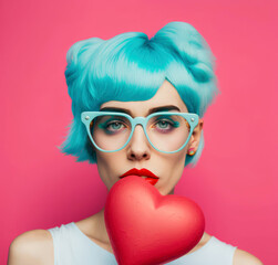 Junge Frau mit blauen Haaren und rotem Herz - Generative AI