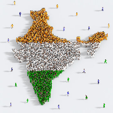 Large group of people dressed in Indian national colors, gathered together in the shape of India map, seen from high above